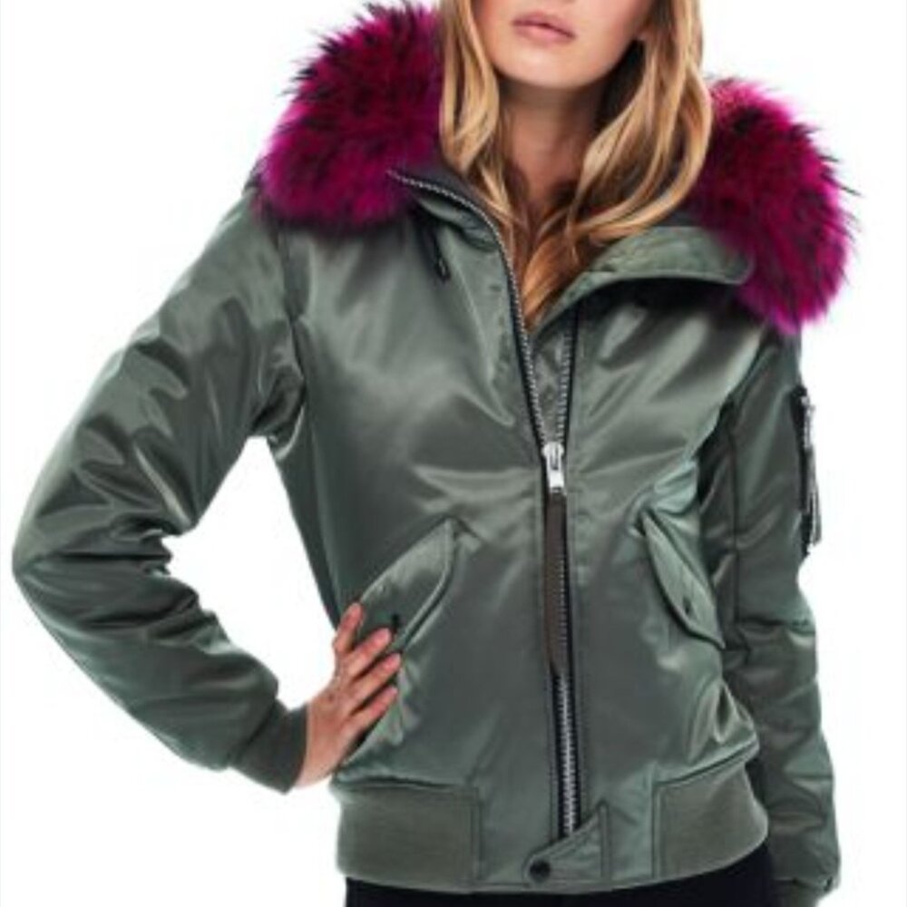 SAM. Olive Green Puffer Jacket with Pink Fur Trim